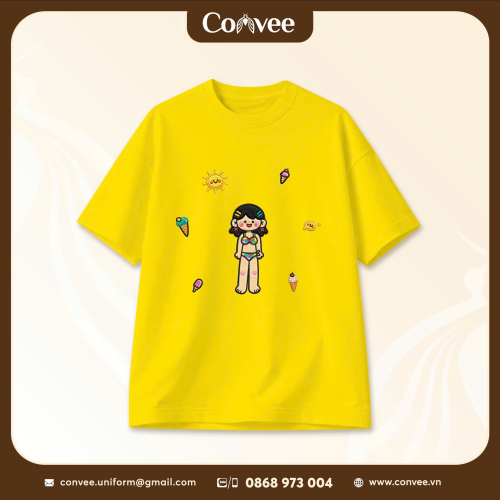 ÁO THUN OVERSIZE MÀU VÀNG HÌNH CÔ GÁI SUMMER DỄ THƯƠNG