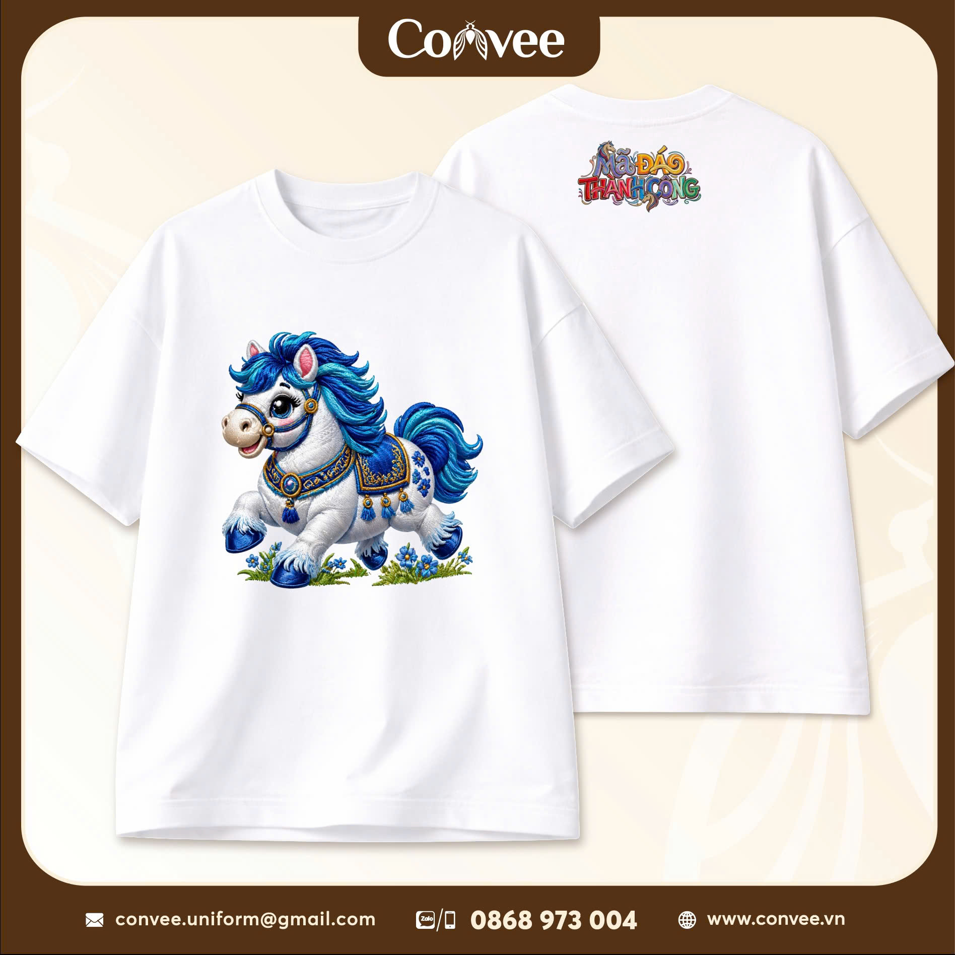 ÁO THUN COTTON 100% TRẮNG - IN HỌA TIẾT HÌNH NGỰA 05