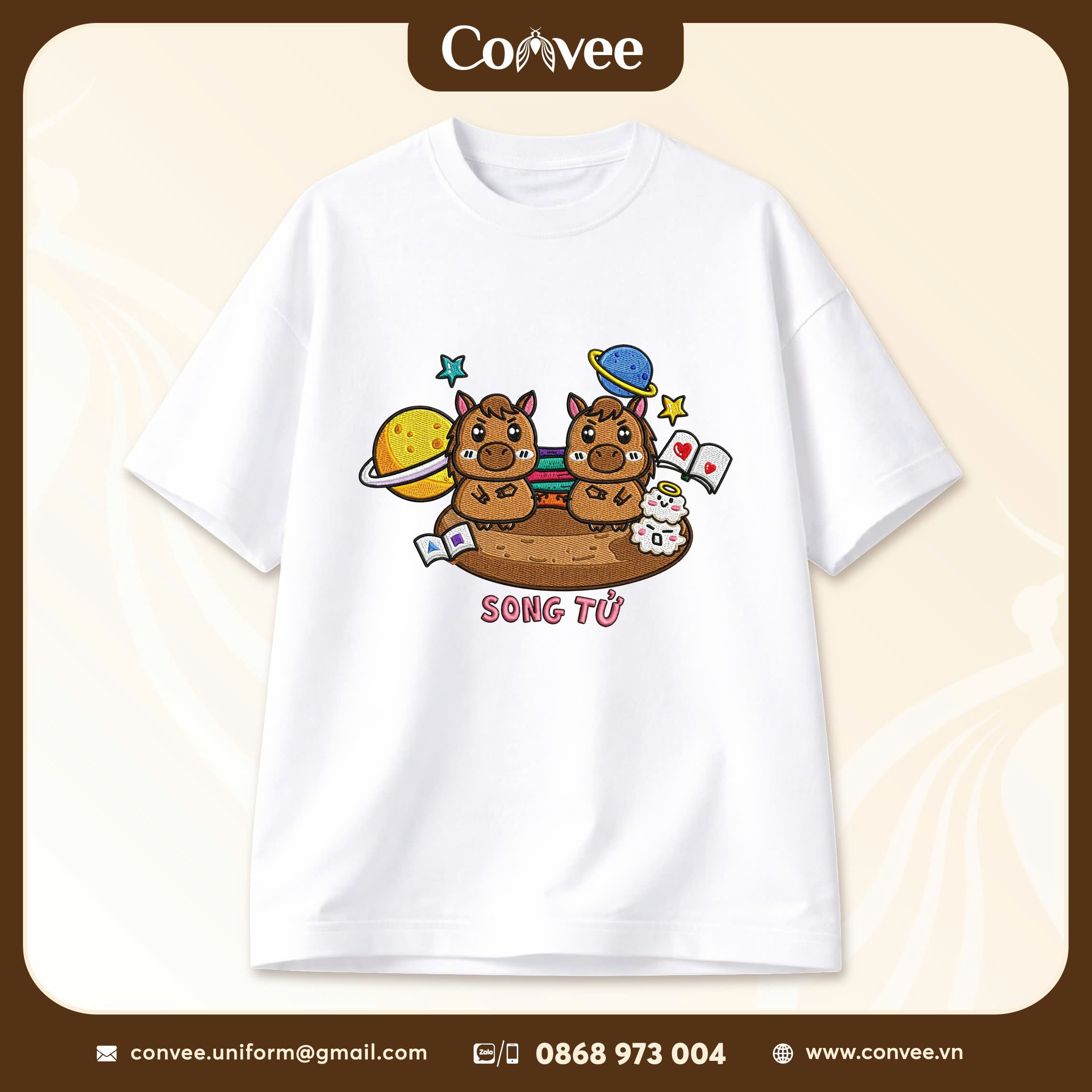 ÁO COTTON 100% TRẮNG - IN 12 CUNG HOÀNG ĐẠO SONG TỬ