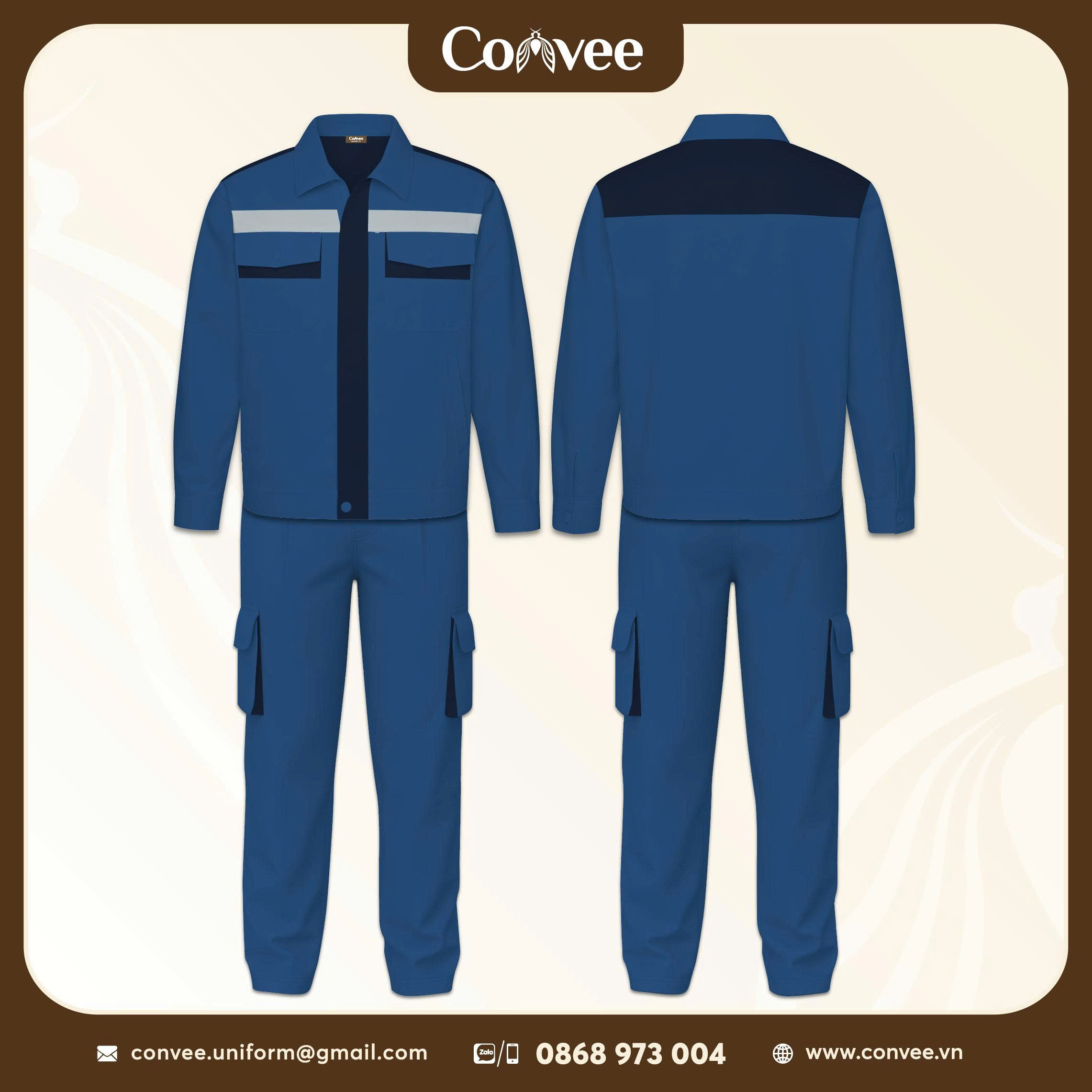 QUẦN ÁO BẢO HỘ LAO ĐỘNG MÀU XANH PHỐI PHẢN QUANG CAO CẤP CONVEE