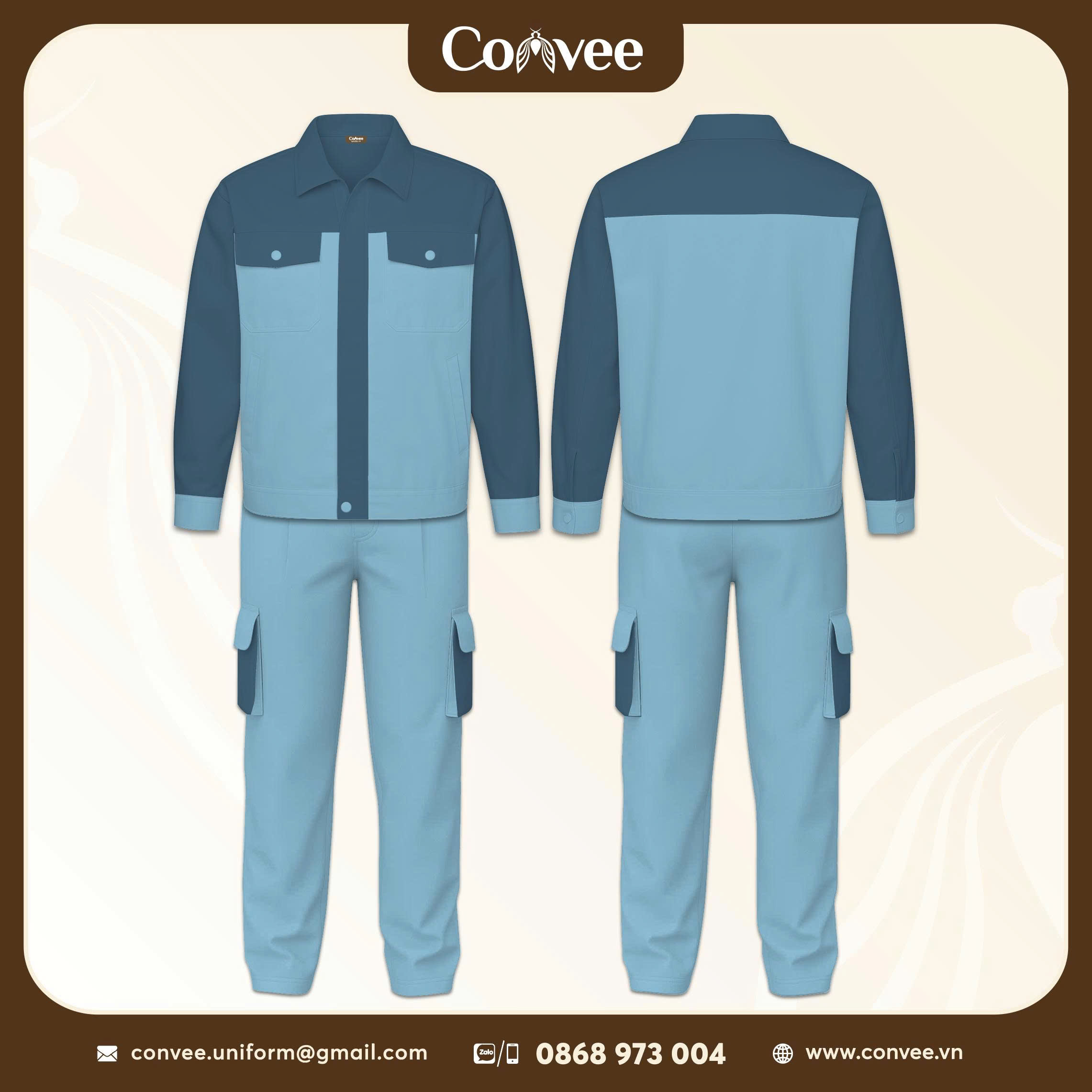 QUẦN ÁO BẢO HỘ LAO ĐỘNG MÀU XANH PHỐI XANH NHẠT CAO CẤP CONVEE